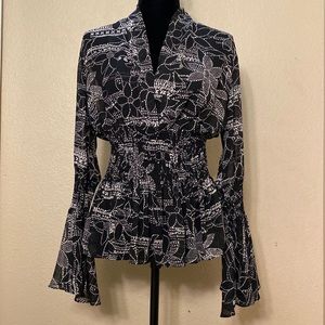 Black print blouse, M, V-neck, light weight, subtly sheer, used, romantic, flowy
